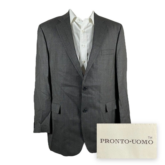 Pronto Uomo Blazer Sport Coat Mens 46L Green Check Silk Wool Two Button - Picture 1 of 8